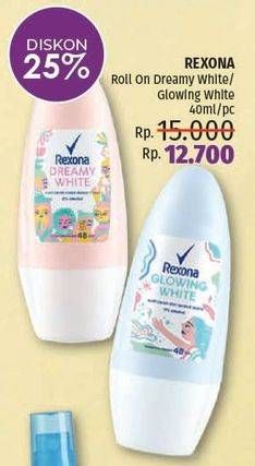 Promo Harga REXONA Deo Roll On Dreamy White, Glowing White 40 ml - LotteMart