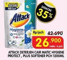 Promo Harga Attack Detergent Liquid Hygiene Plus Protection, Plus Softener 1200 ml - Superindo