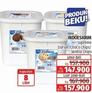 Promo Harga INDOESKRIM Espessia Durian, Chocolate Chips, Vanilla Chips 8 ltr - Lotte Grosir