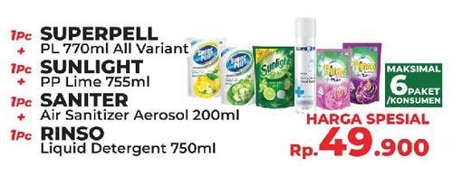 Promo Harga Super Pell Pembersih Lantai + Sunlight Pencuci Piring + Saniter Aerosol + Rinso Liquid Detergen  - Yogya