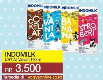 Promo Harga INDOMILK Susu UHT Cokelat, Pisang, Stroberi, Vanila 190 ml - Yogya