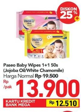 Promo Harga PASEO Baby Wipes With Jojoba Oil, With Chamomile Extract per 2 pcs 50 sheet - Carrefour
