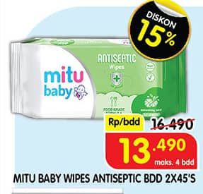 Mitu Baby Wipes Antiseptic per 2 pouch 45 sheet Diskon 18%, Harga Promo Rp13.490, Harga Normal Rp16.490, Maks 4 Bdd