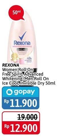 Promo Harga REXONA Women Roll On Free Spirit, Advanced Whitening/ Men Roll On Ice Cool, Invisible Dry 50ml  - Alfamidi