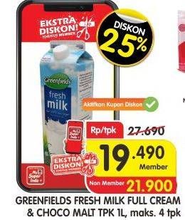 Promo Harga GREENFIELDS Fresh Milk Full Cream, Choco Malt 1000 ml - Superindo