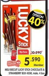 Promo Harga Meiji Biskuit Lucky Stick Chocolate, Strawberry 45 gr - Superindo