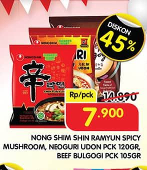 Promo Harga Nongshim Noodle Shin Ramyun Spicy Mushroom, Neoguri Udon, Beef Bulgogi 105 gr - Superindo