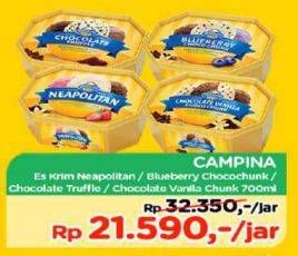 Promo Harga CAMPINA Ice Cream Neapolitan, Blueberry Choco Chunk, Chocolate Truffle, Chocolate Chunks 700 ml - TIP TOP