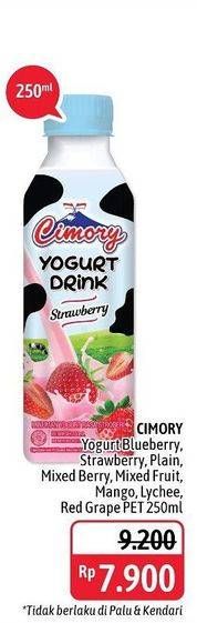 Promo Harga CIMORY Yogurt Drink Strawberry, Blueberry, Plain, Mixed Berry, Mixed Fruit, Mango, Lychee, Red Grape 250 ml - Alfamidi