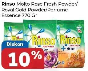 Promo Harga RINSO Molto Detergent Bubuk Rose Fresh, Royal Gold, Perfume Essence 770 gr - Carrefour