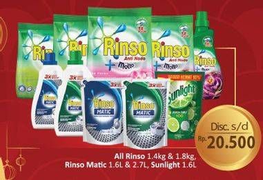 Promo Harga RINSO Molto Detergent Bubuk/RINSO Detergent Matic Liquid/SUNLIGHT Pencuci Piring  - Hypermart