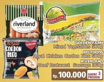 Promo Harga GOLDEN FARM Mixed Vegetables 500g, BELFOODS Royal Chicken Cordon Bleu 500g, RIVERLAND Beef Bratwurst Sausage 360g  - LotteMart