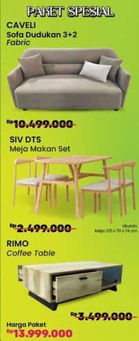 Promo Harga Caveli Sofa Dudukan 3 + 2 | Fabric + Pira SIV DTS Meja Makan Set 4 Kursi + Rimo Coffee Table MDF   - COURTS