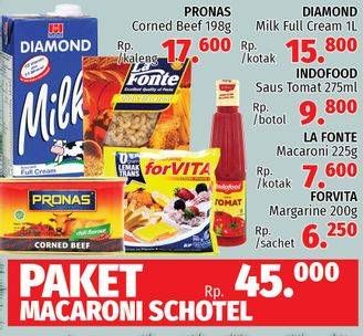 Promo Harga Paket 45rb ( Pronas Corned Beef + Diamond Milk + Indofood Saus Tomat + La Fonte Macaroni + Forvita Margarin)  - LotteMart