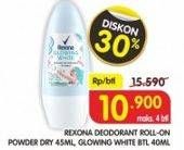 Promo Harga REXONA Deo Roll On Powder Dry, Glowing White 40 ml - Superindo