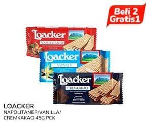 Promo Harga Loacker Wafer Napolitaner, Vanilla, Cream Cacao 45 gr - Indomaret