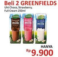 Promo Harga GREENFIELDS UHT Choco, Full Cream, Strawberry per 2 pcs 250 ml - Alfamidi