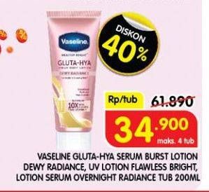 Promo Harga Vaseline Healthy Bright Gluta-Hya Lotion Dewy Radiance, Flawless Bright, Overnight Radiance 200 ml - Superindo
