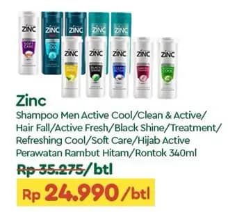 Promo Harga Zinc Shampoo Men Active Cool, Clean Active, Hair Fall Treatment, Active Fresh Lemon, Black Shine, Refreshing Cool, Soft Care 340 ml - TIP TOP