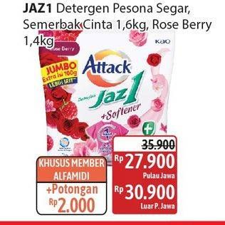 Promo Harga Attack Jaz1 Detergent Powder Semerbak Cinta, +Softener Rose Berry, Pesona Segar 1400 gr - Alfamidi