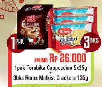 Promo Harga TORABIKA Cappucino 5s + 3 ROMA Malkist Crackers 135g  - Carrefour