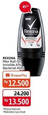 Promo Harga REXONA Men Deo Roll On Invisible + Antibacterial 45 ml - Alfamidi