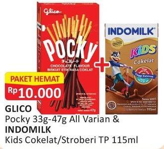 Promo Harga GLICO Pocky All Variant 33 - 47gr + INDOMILK Susu UHT Kids 115ml  - Alfamart