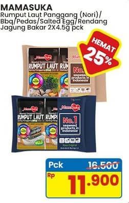 Promo Harga Mamasuka Rumput Laut Panggang BBQ, Salted Egg, Pedas, Rendang, Original, Jagung Bakar per 2 bungkus 4 gr - Indomaret