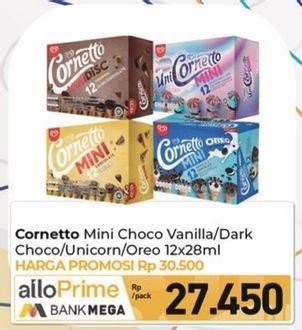 Promo Harga Walls Cornetto Mini Chocolate Vanilla, Tiramisu Dark Chocolate, Unicorn, Oreo per 12 pcs 28 ml - Carrefour