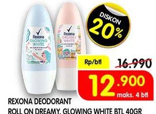 Promo Harga REXONA Deo Roll On Dreamy White, Glowing White 40 ml - Superindo