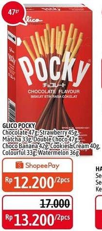 Promo Harga GLICO POCKY Stick Choco Banana, Chocolate Flavour, Colourful, Cookies Cream, Double Choco, Matcha, Stawberry Flavour, Watermelon Flavour 33 gr - Alfamidi