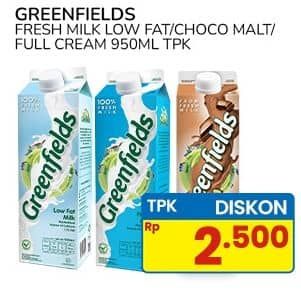 Promo Harga Greenfields Fresh Milk Low Fat, Choco Malt, Full Cream 1000 ml - Indomaret