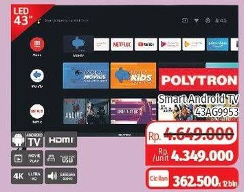Promo Harga POLYTRON PLD 43BAG9953 | Smart Cinemax Soundbar LED TV 43"  - Lotte Grosir