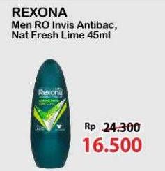 Promo Harga Rexona Men Deo Roll On Invisible + Antibacterial, Natural Fresh Lime Cool 45 ml - Alfamart