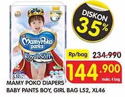 Promo Harga Mamy Poko Pants Royal Soft L52, XL46  - Superindo