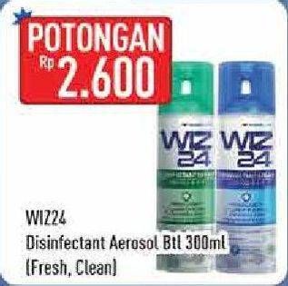 Promo Harga WIZ 24 Disinfecting Spray and Clean All Surface Fresh Scent, Clean 300 ml - Hypermart