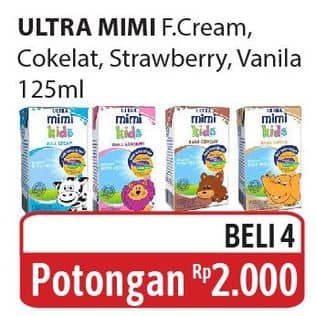 Promo Harga Ultra Mimi Susu UHT Full Cream, Cokelat, Stroberi, Vanila 125 ml - Alfamidi