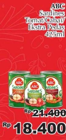 Promo Harga ABC Sardines Saus Tomat, Saus Cabai, Saus Ekstra Pedas 425 gr - Giant