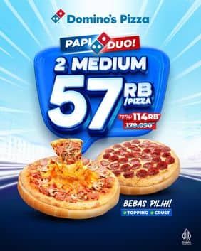 Promo Domino Pizza Pilihnya 'PAPI DUO' langsung dapat 2 Medium Pizza.

Harganya jadi CUMA 114rb, Hemat s.d 37%. Kalian BEBAS pilih topping apa aja.

** Nikmati EXTRA DISKON s.d 20rb via App Order(Kupon: OLO2MP80)