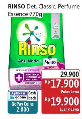 Promo Harga Rinso Anti Noda Deterjen Bubuk Classic Fresh, + Molto Purple Perfume Essence 770 gr - Alfamidi