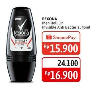 Promo Harga Rexona Men Deo Roll On Invisible + Antibacterial 45 ml - Alfamidi