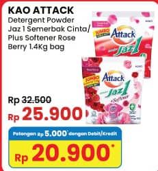 Promo Harga Attack Jaz1 Detergent Powder Semerbak Cinta, +Softener Rose Berry 1400 gr - Indomaret
