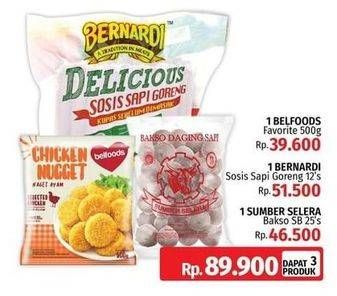 Promo Harga BELFOODS FAVORITE Chicken Nugget 500gr + BERNARDI Sosis Sapi Goreng + SUMBER SELERA Bakso  - LotteMart