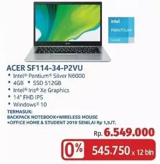 Promo Harga ACER SF114-34-P2VU.K/SL | Laptop 14"  - LotteMart