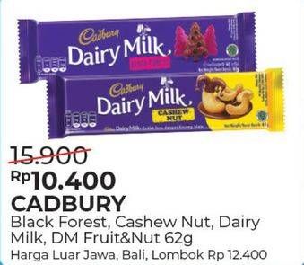 Promo Harga CADBURY Dairy Milk Black Forest, Cashew Nut, Milk Chocolate, Fruit Nut 62 gr - Alfamart