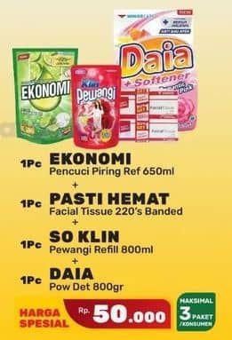 Ekonomi Pencuci Piring + Pasti Hemat Facial Tissue + So Klin Pewangi + Daia Detergent