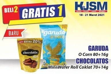 Promo Harga GARUDA O CORN 80+16g/CHOCOLATOS Mini Wafer Roll Coklat 70+14g  - Hari Hari