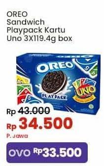 Promo Harga Oreo Biskuit Sandwich Playpack Kartu UNO per 3 pcs 119 gr - Indomaret