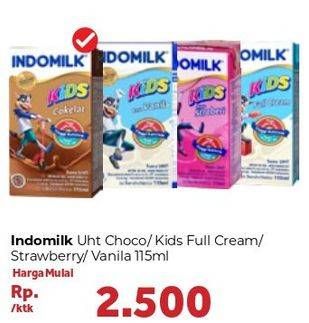 Promo Harga INDOMILK Susu UHT Kids Cokelat, Full Cream, Stroberi, Vanila 115 ml - Carrefour