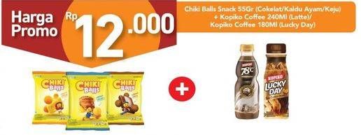 CHIKI BALLS Snack Coklat/ Kaldu Ayam/ Keju 55gr + KOPIKO Coffee Latte 240ml/ Lucky Day 180ml